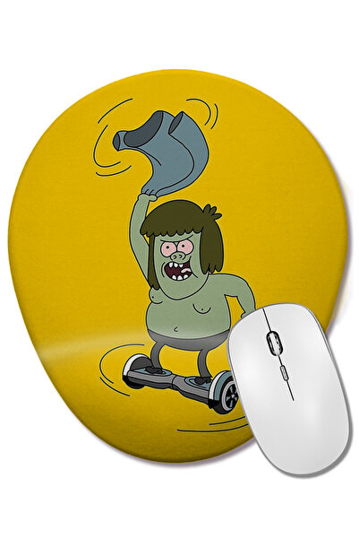 BASKI DÜNYASI Mouse Pad oval cu sprijin pentru încheietura mâinii, cu Muscle Man din Regular Show care se rotește pe un hoverboard