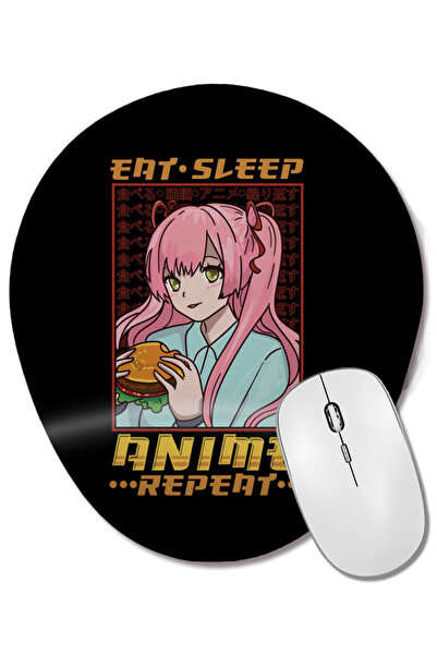 BASKI DÜNYASI Mouse Pad oval cu suport pentru încheietura mâinii, cu imprimeu amuzant de fată obsesată cu anime, mănâncă, dormi, anime, repetă.