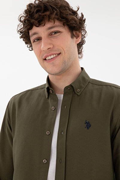U.S. Polo Assn. Ανδρικό μακρυμάνικο πουκάμισο χακί Basic 50296777 -VR027