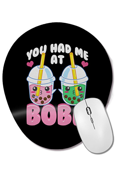 BASKI DÜNYASI Mousepad oval cu suport pentru încheietura mâinii, cu design anime Kawaii Bubble Tea, cu fraza „Cute You Had Me At Boba”.