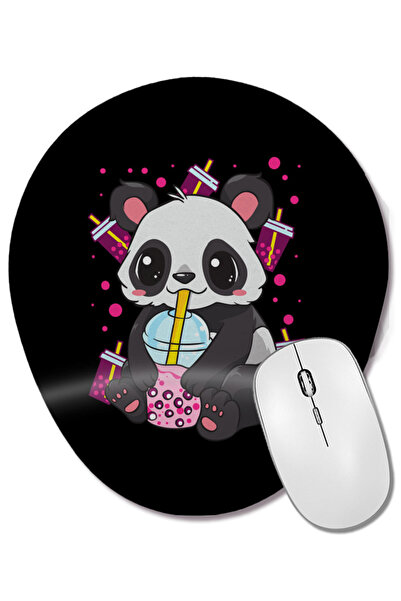 BASKI DÜNYASI Mouse Pad oval cu suport pentru încheietura mâinii, cu panda care băută băutură Boba Bubble Tea