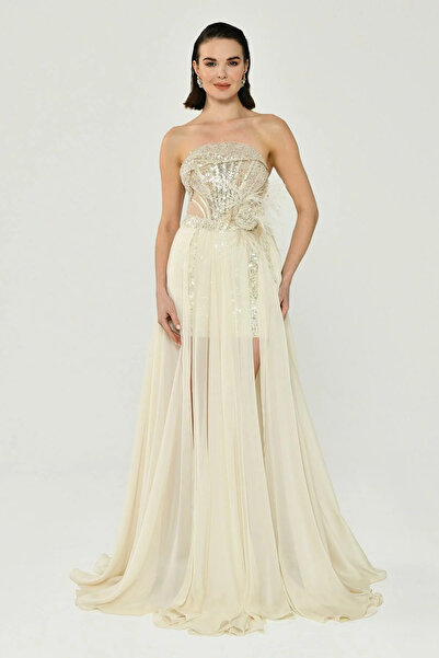 ALFABETA ALFA BETA Straplez Tüllü Payet Detaylı Abiye Elbise