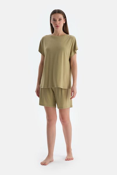 Dagi Oil Green Off Shoulder Short Sleeve Viscose T-Shirt Shorts Pajama Set