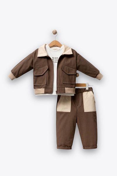 Minytrendy Baby Boy Cool Boy Badili Jacket Sports Bottom Top Set 1-3 Years Old Brown