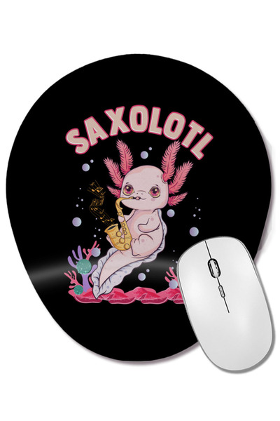 BASKI DÜNYASI Mouse Pad oval cu suport pentru încheietura mâinii, cu Saxolotl drăguț care cântă la saxofon, cu joc de cuvinte cu axolotl