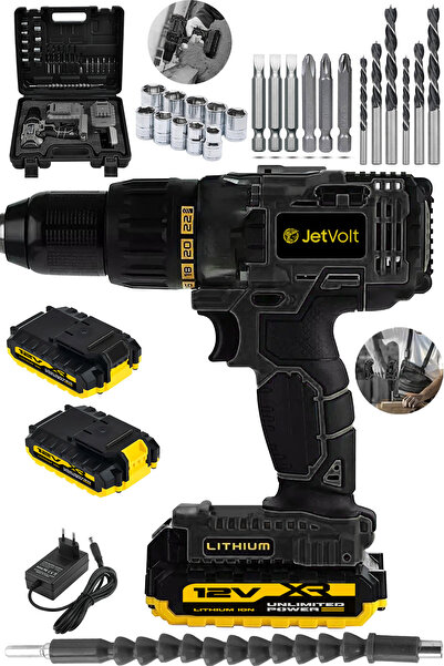 JetVolt 12V 1.5Ah Metal Şanzıman Çift Akülü Bakır Sargı 24 Parça Şarjlı Matka...