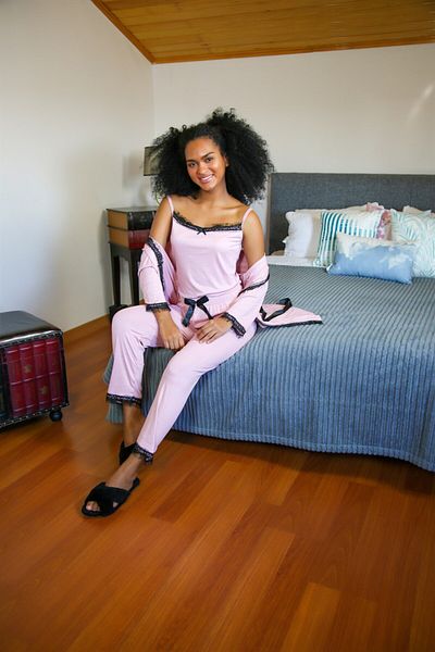 Akbeniz 3-Piece Women's Pajamas and Dressing Gown Set - 20598 - Dried Rose