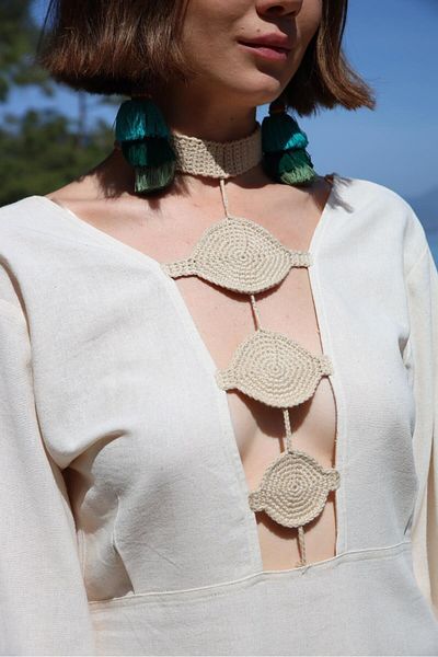 FASHION COCKTAIL Αρχαία Αιγύπτια Διακοσμητικό Βιολογικό Ακατέργαστο Λινό Δαχτυλίδι Κολάρα με βαθύ λαιμόκοψη μακρυμάνικο μποέμικο μίνι φόρεμα