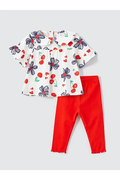LC Waikiki Lcw Baby Ecru Crew Neck Floral Baby Girl Blouse and Leggings 2Pcs