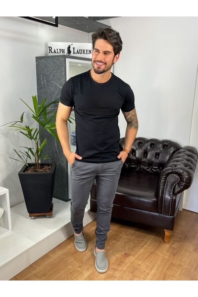 LACKH Чоловіча мода Чорна пряма футболка, зручна для літа, швидко сохне, з короткими рукавами, еластична тканина