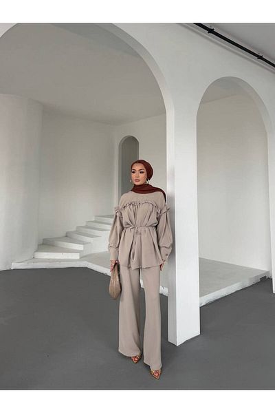 FMN Moda Hijab Palazzo Button Detail Ruffled Belted Loose Blouse Tunic Equivalent Comfortable Stylish Fabric Two-Piece Set