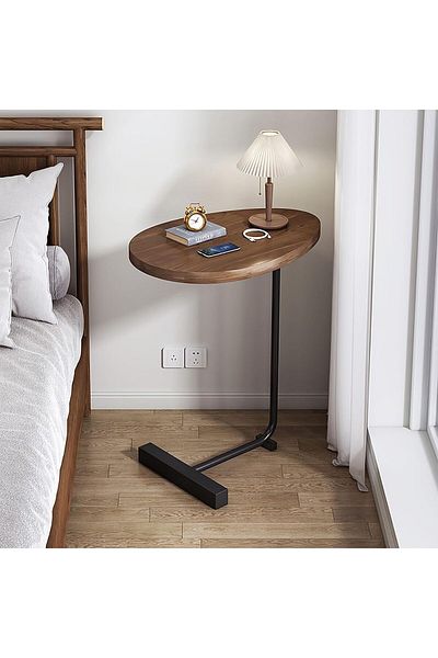 Generic Modern Coffee Table | C-Shaped Side Table Wooden Top and Black Metal Legs 60x45x30 cm