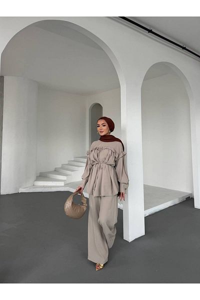 FMN Moda Hijab Palazzo Button Detail Ruffled Belted Loose Blouse Tunic Equivalent Comfortable Stylish Fabric Two-Piece Set