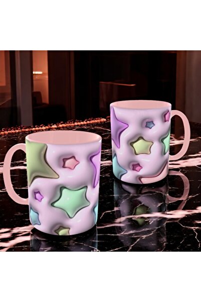ALPŞAN TİCARET Yıldızlı Kupa Kabartma Görünümlü Yıldızlı Pembe Kupa Mug