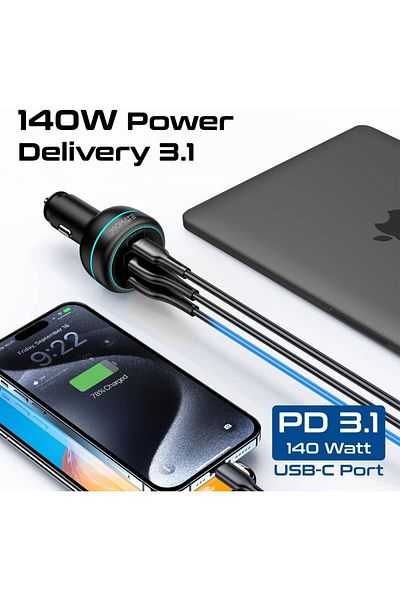 Promate 230W Car Charger, Dual PD & QC Ports, 140W USB-C, 45W USB-A,Surge Protection,PowerDrive-230