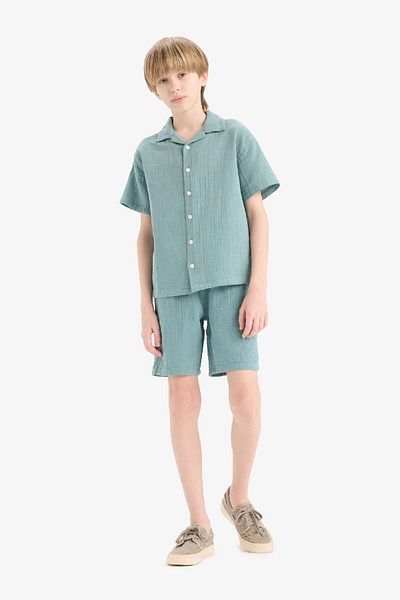 DeFacto Boy's Oversize Wide Fit Polo Neck Muslin Short Sleeve Shirt W3239A625Hs