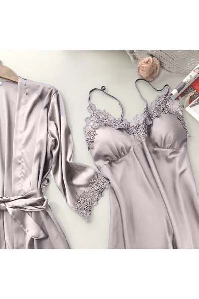 moda4b Women's 5-Piece Satin Guipure Lace Nightgown Bridal Dowry Set 30740 Light Pink