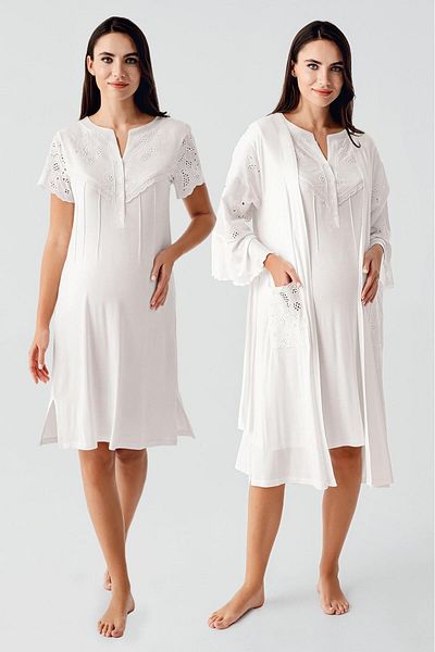 Artış Short Sleeve Buttoned Voile Detailed Flexible Viscous Maternity Dressing Gown Nightgown Set
