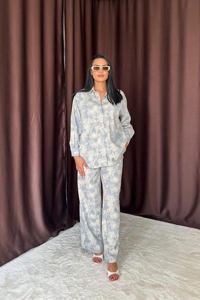 Deridün Yıldız Shoes Blue Leopard Patterned Jacket and Trousers Linen Set