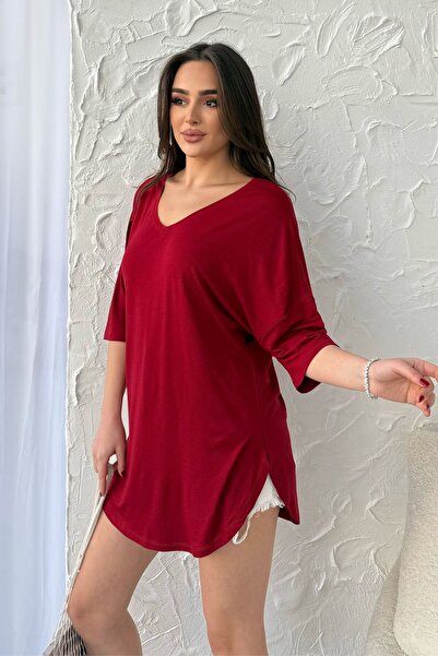modavingo Kadın Bordo V Yaka Salaş Kesim Tunik