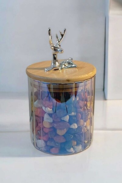 Yenigeldi (9x10 CM) 2 Adet 600 ml Gökkuşağı Geyikli Cam Saklama Kavanozu Geyik Başı Gümüş Renk Y-452