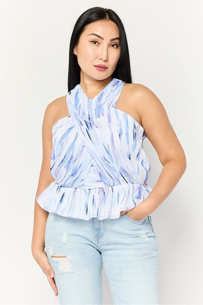 Dkny Women Crossover Neckline Sleeveless All Over Print Top, White