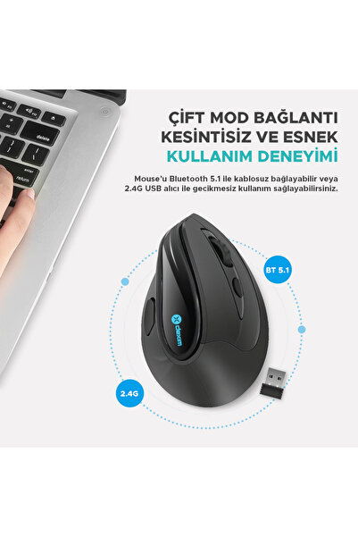 Dexim Wireless, 2.4Ghz & Bluetooth RGB AntiRSI Şarj Edilebilir Ergonomik Dikey Tutuşlu Kablosuz Mouse
