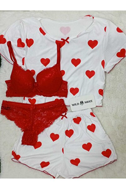 Wild Wake Esnek Penye Kumaş KalpDesenli 2 li Şort Takım+ Şık Kırmızı Dantelli Sütyen Takımı Kombini