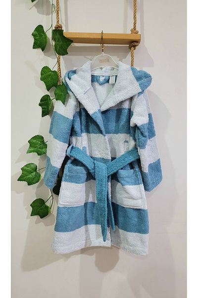 Alpar Tekstil Outlet Hooded Cotton Soft Unisex Girl's Bathrobe Striped/Blue