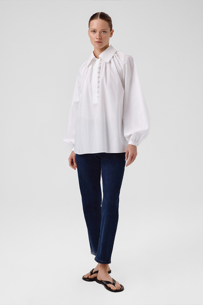 Triko Mısırlı White Balloon Sleeve Button Detailed Blouse