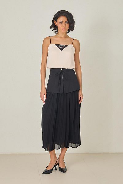Setre Black Pleat Detailed Zippered Long Skirt with Binding Detail