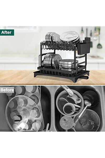 AbaqCasa رف أطباق قابل للطي ومقاوم للصدأ من طبقتين مع صينية تصريف، كبير (L)، ...