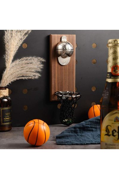 COOYA Magnetic Basketball Bottle Opener, Wooden Wall Mounted Opener with Cap Collector Catcher