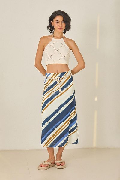 Setre Ecru-Navy Blue Patterned Midi Length Linen Skirt