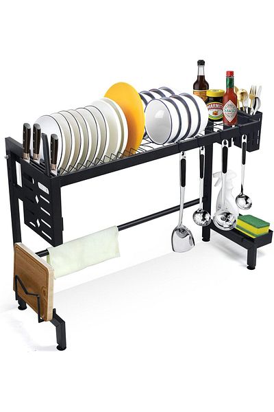 COOYA Dish Drainer Rack, Sink Dish Drying Rack, 2 Tier Dish Rack, with Metal Hook, Space Saving(Black)