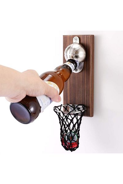 COOYA Magnetic Basketball Bottle Opener, Wooden Wall Mounted Opener with Cap Collector Catcher