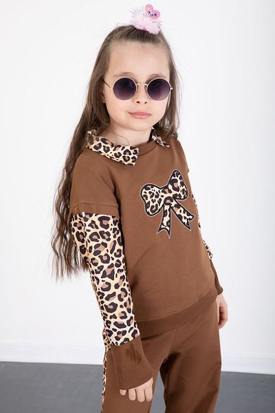 Cansın Mini Brown Leopard Stripe Detailed Bow Patterned Girl's Bottom Top 2 Piece Set 20526