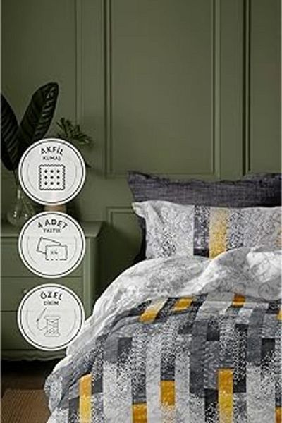 NETWORK ART Serenat 100% Cotton Double Duvet Cover Set with Fitted Sheets - Yellow