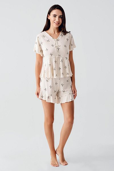 Artış Bow Patterned Short Sleeve Flexible Viscose Shorts Pajama Set