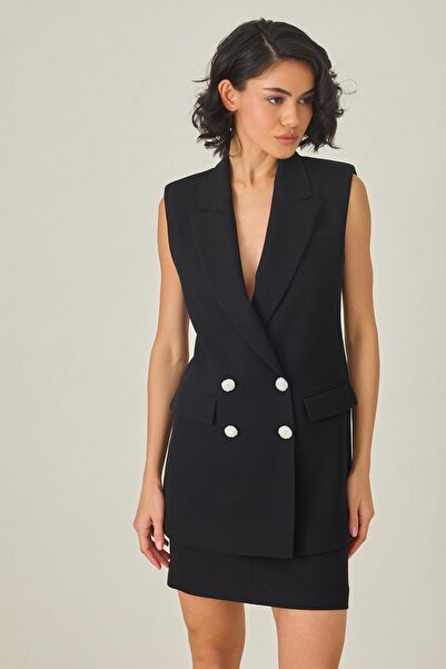 Setre Vestă fără mâneci cu detaliu cu nasturi negre, set cu fustă mini cu detaliu în talie