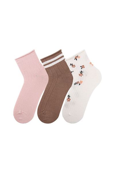 Bross Women's Floral Pink 3-Piece Elasticless Socks