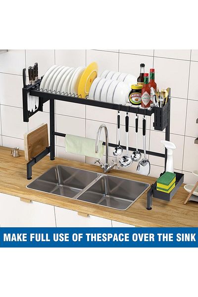 COOYA Dish Drainer Rack, Sink Dish Drying Rack, 2 Tier Dish Rack, with Metal Hook, Space Saving(Black)