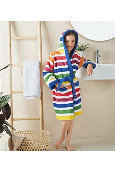 Alpar Tekstil رداء حمام قطني ناعم بغطاء للرأس للجنسين للفتيات والفتيان مخطط/م...