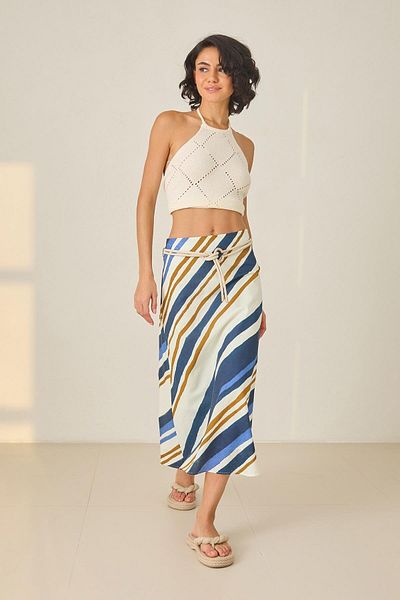 Setre Ecru-Navy Blue Patterned Midi Length Linen Skirt