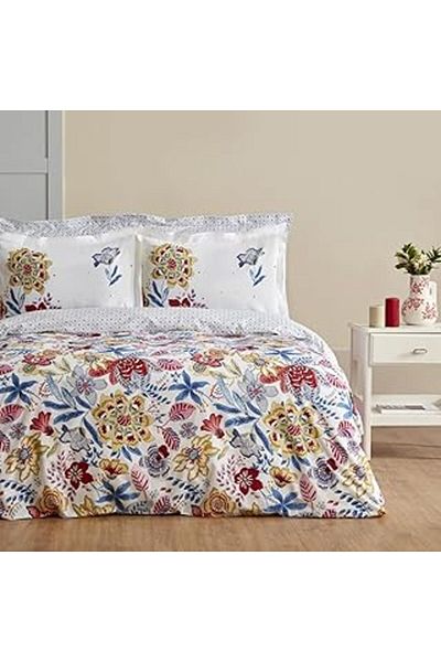 Hepta Collection طقم غطاء لحاف فردي من Karaca Home Persly مصنوع من القطن بنسبة 100% باللون الأزرق