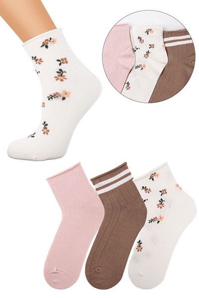 Bross Women's Floral Pink 3-Piece Elasticless Socks