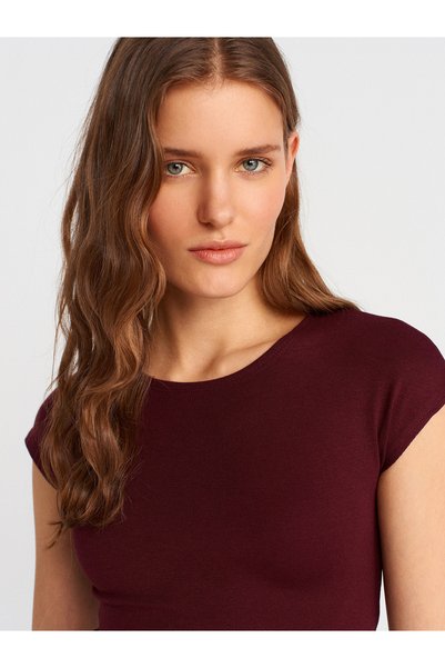 Dilvin 30528 Cotton and Modal Blended Crop Top-Burgundy
