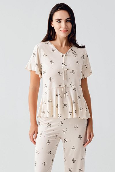 Artış Bow Patterned Short Sleeve Flexible Viscose Pajama Suit