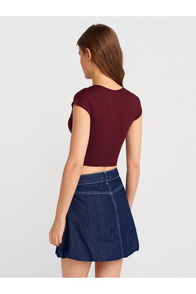 Dilvin 30528 Cotton and Modal Blended Crop Top-Burgundy
