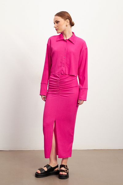MODAGEN Women's Fuchsia Long Sleeve Shirt Slit Skirt Crinkle Set